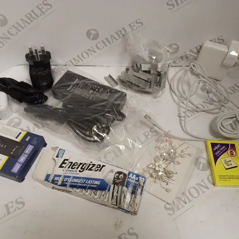 APPROXIMATELY 10 ASSORTED ELECTRICAL ITEMS INCLUDING HAIR PINS, IPHONE CHARGER PLUG