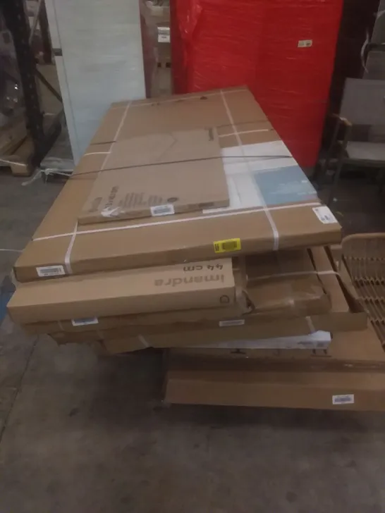 PALLET OF ASSORTED ITEMS INCLUDING SLIDING DOORS, BASIN CABINETS AND SIDE PANELS