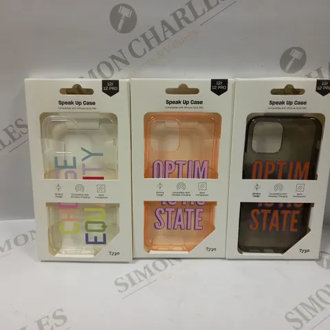 BOX OF APPROXIMATELY 45 TYPO PHONES CASES ('SPEAK UP CASE') FOR IPHONE 12/12PRO IN VARYING COLOURS