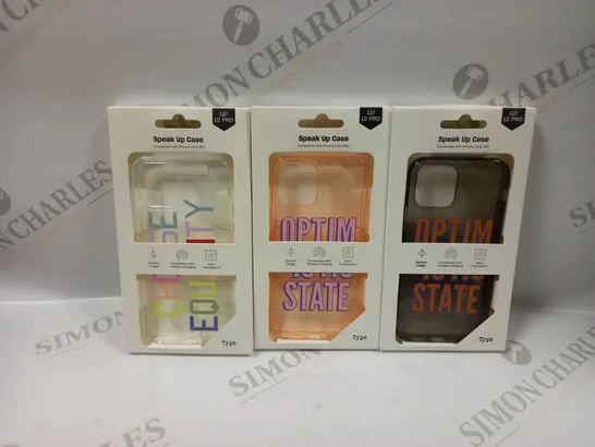 BOX OF APPROXIMATELY 45 TYPO PHONES CASES ('SPEAK UP CASE') FOR IPHONE 12/12PRO IN VARYING COLOURS