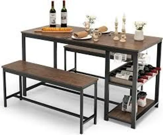 BOXED COSTWAY BAR TABLE SET 3 PIECES DINING TABLE WITH 2 BENCHES DINING SET METAL FRAME KITCHEN TABLE WITH GLASS HOLDER & WINE RACK & SHELF IN VINTAGE BROWN (1 BOX)