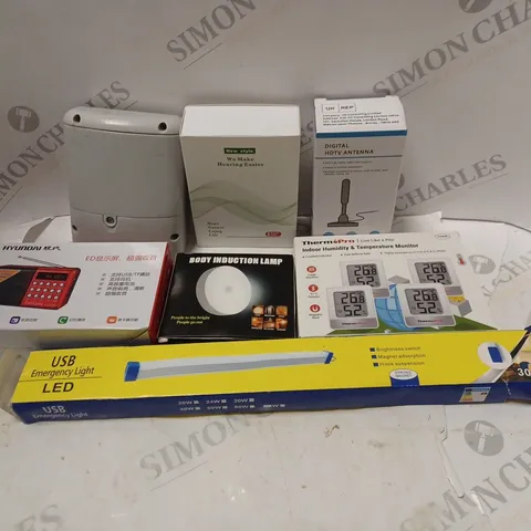 APPROXIMATELY 20 ASSORTED ITEMS TO INCLUE HDTV ANTENNA, LED LIGHTS AND TEMPERATURE MONITOR