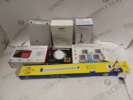 APPROXIMATELY 20 ASSORTED ITEMS TO INCLUE HDTV ANTENNA, LED LIGHTS AND TEMPERATURE MONITOR