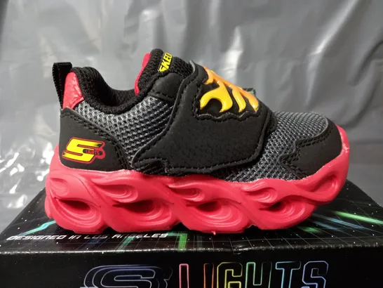 BOXED PAIR OF SKECHERS LIGHTS VELCRO TRAINERS IN BLACK/RED - KIDS UK 5