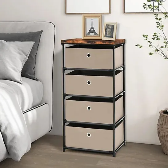 BOXED NIGHTSTAND W/FABRIC DRAWERS, STURDY STEEL FRAME AND WOOD TOP ORGANIZER UNIT - WHITE