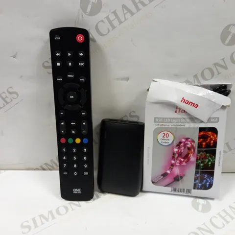 LOT OF APPROXIMATELY 22 ASSORTED ELECTRICALS TO INCLUDE 'ONE FOR ALL' UNIVERSAL REMOTE CONTOUR, 10000MAH POWER BANK, HAMA USB LED LIGHT STRIP RGB, ETC