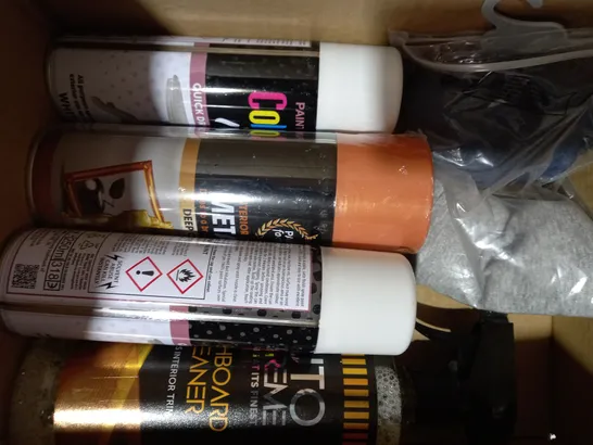 BOX OF APPROXIMATELY 5 ASSORTED HOUSEHOLD ITEMS TO INCLUDE COLOUR IT QUICK DRYING PAINT, INTERIOR & EXTERIOR METALLIC PAINT, ETC