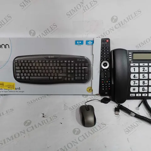 BOX OF APPROX 22 ASSORTED ITEMS TO INCUDE - LANDLINE PHONE - ONN WIRELESS KEYBOARD - EVOLVE REMOTE ECT