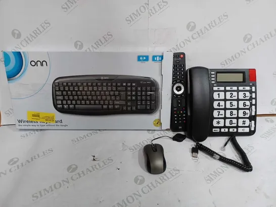 BOX OF APPROX 22 ASSORTED ITEMS TO INCUDE - LANDLINE PHONE - ONN WIRELESS KEYBOARD - EVOLVE REMOTE ECT