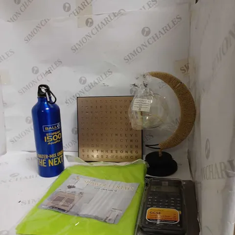 LOT OF APPROX 7 ASSORTED HOUSEHOLD ITEMS TO INCLUDE WATER BOTTLE , COPPER LIGHT UP CLOCK , CALCULATOR , ETC