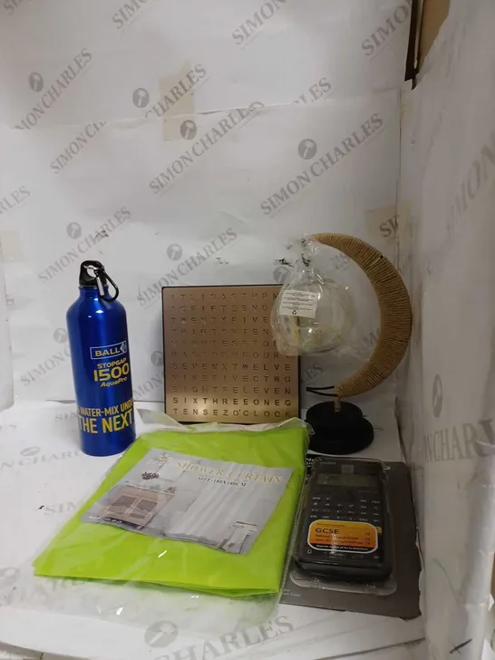 LOT OF APPROX 7 ASSORTED HOUSEHOLD ITEMS TO INCLUDE WATER BOTTLE , COPPER LIGHT UP CLOCK , CALCULATOR , ETC