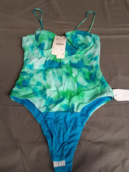 ZARA SWIMSUIT WITH ZIP AND POPPER FASTENING. GREEN/BLUE SIZE S