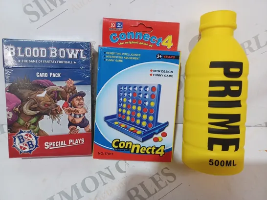 APPROXIMATELY 10 ASSORTED TOYS AND GAMES TO INCLUDE FOAM PRIME BOTTLE, CONNECT 4, BLOOD BOWL CARD PACK, ETC