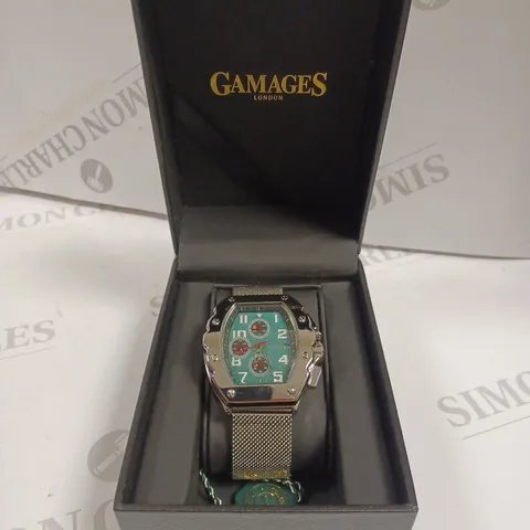 GAMAGES DIMENSIONAL STEEL MESH BAND GREEN DIAL WATCH 