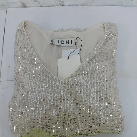 ICHI SEQUIN SHORT SLEEVE TOP IN STONE SIZE S