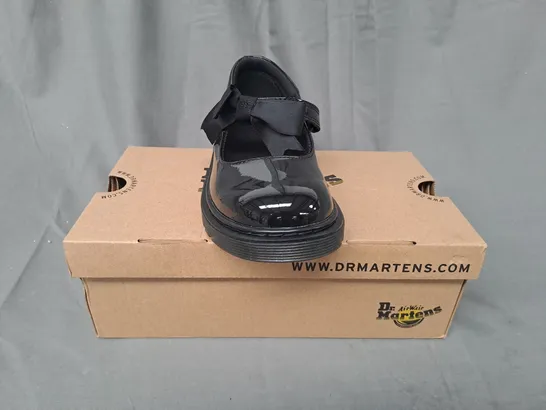 BOXED PAIR OF DR MARTENS MACCY II J SHOES IN GLOSSY BLACK UK SIZE 3