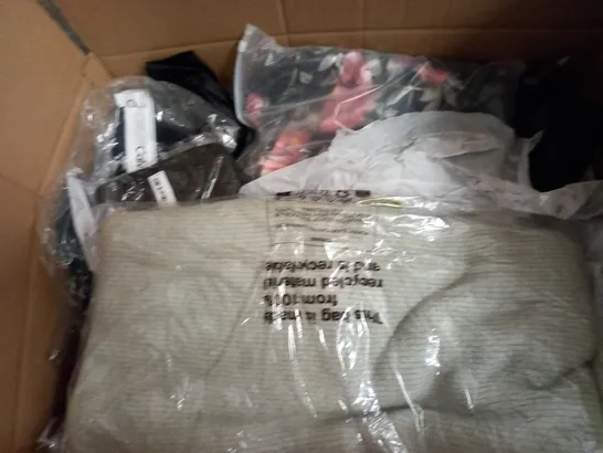 BOX OF ASSORTED CLOTHING ITEMS TOO INCLUDE JUMPERS, SHIRTS AND TROUSERS IN VARIOUS SIZES AND COLOURS   