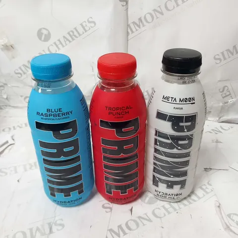 THREE ASSORTED PRIME HYDRATION DRINKS TO INCLUDE; BLUE RASPBERRY, META MOON AND TROPICAL PUNCH
