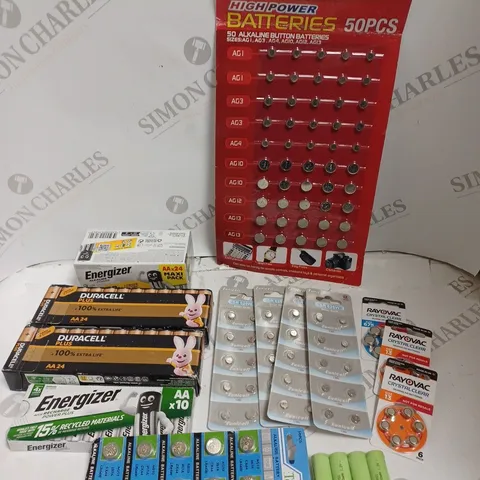 APPROXIMATELY 35 ASSORTED BATTERY PRODUCTS TO INCLUDE BUTTON BATTERIES, RECHARGEABLES, AA ETC  