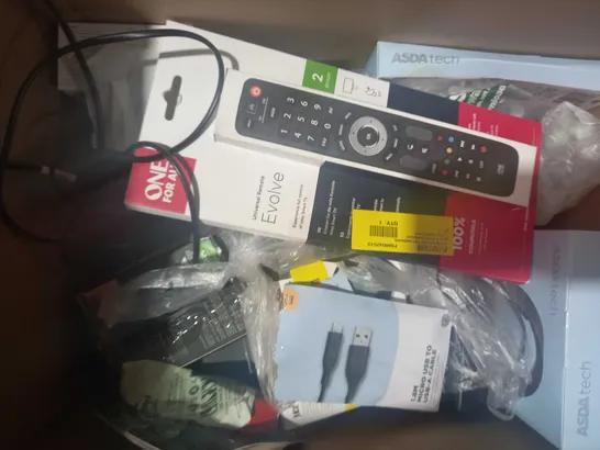 BOX OF APPROXIMATELY 15 ASSORTED ELECTRICAL ITEMS TO INCLUDE BLACKWEB WIRELESS MOUSE & PHONE CHARGING MOUSE MAT, ONE FOR ALL UNIVERSAL REMOTE, ASDA TECH WIRELESS EARBUDS, ETC