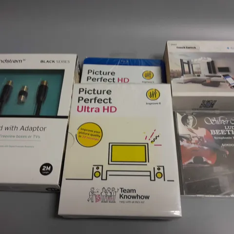 LOT OF 5 ASSORTED ITEMS TO INCLUDE SANDSTROM AERIAL LEAD, SMART TOUCH SWITCH AND PICTURE PERFECT ULRAD HD
