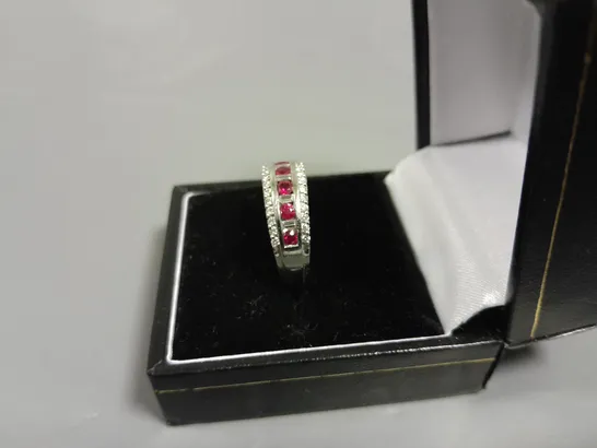 18CT WHITE GOLD HALF ETERNITY RING SET WITH RUBIES AND NATURAL DIAMOND WEIGHING +-1.51CT