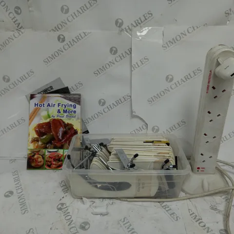 APPROXIMATELY 10 ASSORTED ITEMS TO INCLUDE TOWER EXTENSION LEAD, CLOTHES SEPERATORS, COOKBOOKS, ETC