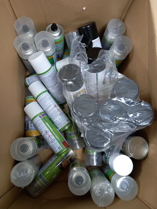 BOX OF APPROXIMATELY 30 ASSORTED ITEMS TO INCLUDE MATT VARNISH, CONTACT ADHESIVE, APPLIANCE PAINT ETC