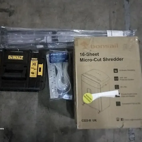 PALLET OF ASSORTED ITEMS INCLUDING BONSAI MICRO-CUT SHREDDER, DEWALT TOOLBOX, PRO-ELEC EXTENSION LEAD, SET OF CRUTCHES, BLUETOOTH VINYL PLAYER, CYBERPOWER BATTERY BACKUP