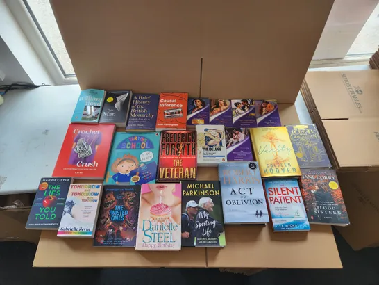 CAGE OF A SIGNIFICANT QUANTITY OF ASSORTED BOOKS BY GABRIELLE ZEVIN, SCOTT CUNNINGHAM, COLLEEN HOOVER, MICHAEL PARKINSON, FREDERICK FORSYTH, DAISY WAUGH, ETC