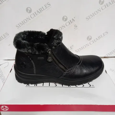 BOXED RIEKER ANTISTRESS BLACK FUR CUFFED ANKLE BOOTS - SIZE 6