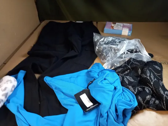 BOX OF APPROXIMATELY 25 ASSORTED CLOTHING ITEMS TO INCLUDE A PAIR OF BLACK STRETCH TROUSERS, A PAIR OF SLIPPERS,  A PAIR OF PJ BOTTOMS AND A UNDERWEAR SET