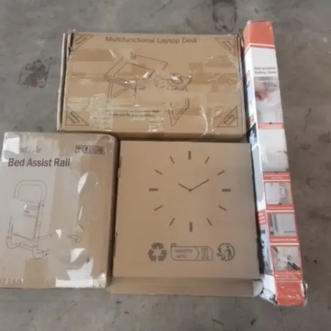PALLET OF ASSORTED  ITEMS TO INCLUDE BED ASSIST RAIL, WALL CLOCK, LAPTOP DESK, RETRACTABLE SAFETY GATE
