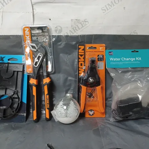 BOX OF APPROXIMATELY 12 ASSORTED ITEMS TO INCLUDE - WATER CHANGE KIT , WOKIN WIRE STRIPPER , WOKIN WIRE STRIPPERS ETC