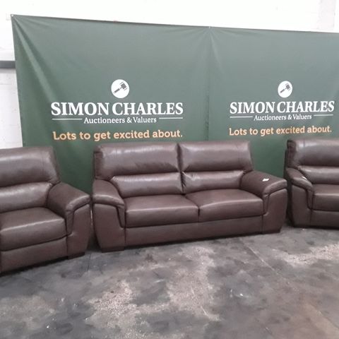 QUALITY ITALIAN BROWN LEATHER UPHOLSTERED THREE SEATER SOFA AND PAIR OF ARMCHAIRS
