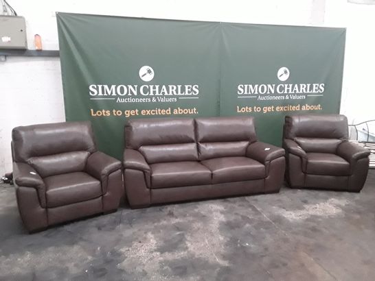 QUALITY ITALIAN BROWN LEATHER UPHOLSTERED THREE SEATER SOFA AND PAIR OF ARMCHAIRS