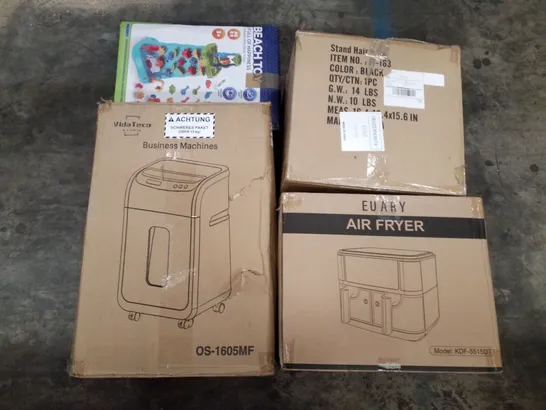 PALLET OF ASSORTED PRODUCTS INCLUDING AIR FRYER, STAND HAIR DRYER, BEACH TOY, MICRO CUT PAPER SHREDDER 