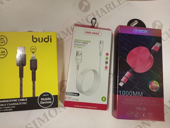 LOT OF APPROXIMATELY 10 ASSORTED HOUSEHOLD ITEMS TO INCLUDE DESIGNER PS-36 2-IN-1 FLEXIBLE DATA CABLE, VEN-DENS QUICK CHARGE DATA CABLE, BUDI CHARGE/SYNC CABLE, ETC