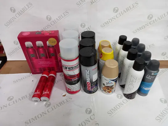 LOT OF APPROX 20 ASSORTED AEROSOLS TO INCLUDE CAR CLEANER, AIR FRESHENER, BODY SPRAY ETC