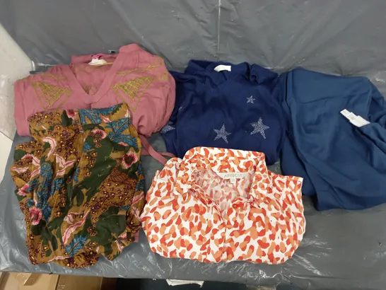 BOX OF APPROXIMATELY 10 ASSORTED PIECES OF CLOTHING IN VARIOUS STYLES, SIZES, AND BRANDS 