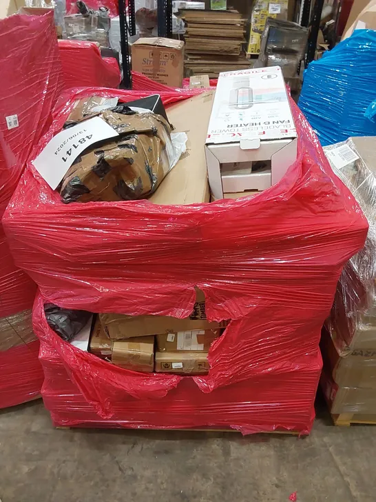 PALLET OF ASSORTED HOUSEHOLD ITEMS AND CONSUMER PRODUCTS TO INCLUDE; BLADELESS HEATER FAN, BAR TABLE, PULL-UP BAR, BOXED FURNITURE ETC 