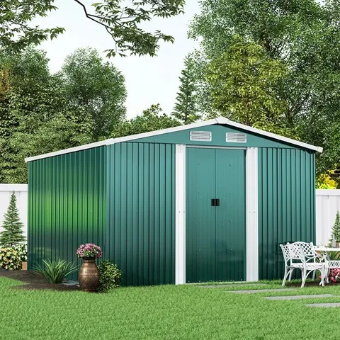 BOXED AJAY 8FT W × 10FT. D METAL APEX TOOL SHED (4 BOXES)