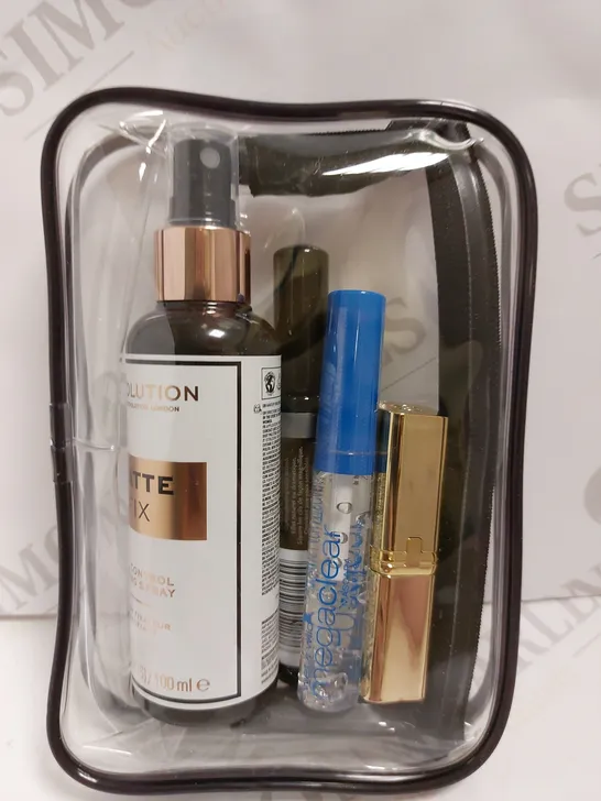 OUR BEAUTY HEROS GIFT SET - INCLUDES REVOLUTION FIXING SPRAY, RIMMEL EXTRA SUPER LASH AND LOREAL LIPSTICK