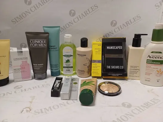 LOT OF 12 ASSORTED BEAUTY PRODUCTS TO INCLUDE CLINIQUE FOR MEN FACE WASH, REVOLUTION SUN PROTECT FACE CREAM, MANSCAPED SHEARS 2.0, ETC 