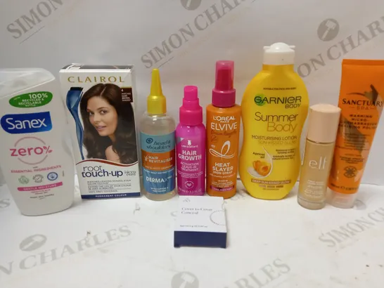 LOT OF APPROX 8 ASSORTED BEAUTY PRODUCTS TO INCLUDE L'OREAL ELVIVE HEAT SLAYER IRON SPRAY, LEE STAFFORD HAIR GROWTH LEAVE-IN TREATMENT, LFL COVER TO COVER CONCEALER - 02, ETC 