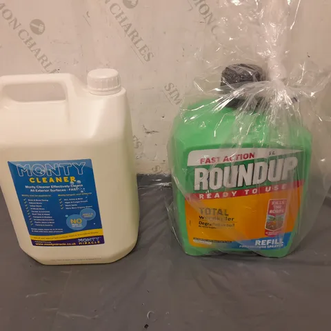 TOTE OF 2 ASSORTED HOUSEHOLD GOODS TO INCLUDE MONTY CLEANER, AND TOTAL WEEDKILLER 