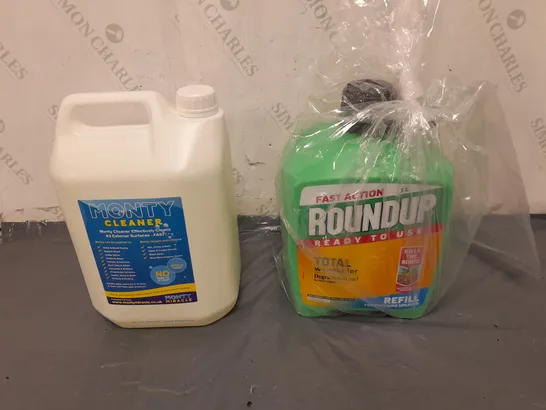 TOTE OF 2 ASSORTED HOUSEHOLD GOODS TO INCLUDE MONTY CLEANER, AND TOTAL WEEDKILLER 