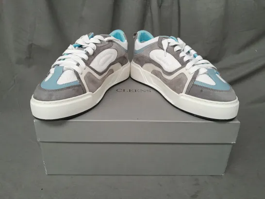 BOXED PAIR OF CLEENS ESSENTIAL SKATE SHOES IN GREY/POWDER BLUE UK SIZE 10