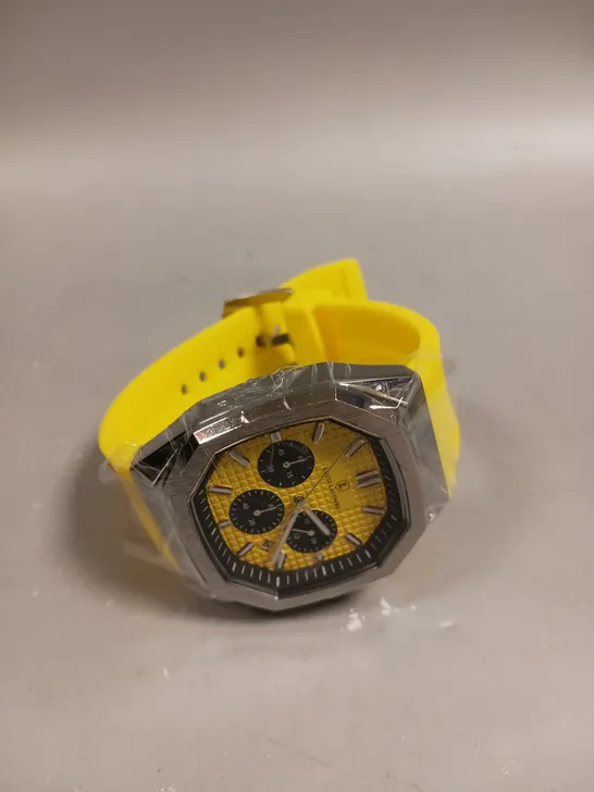 MENS LOUIS LACOMBE CHRONGRAPH WATCH – 3 SUB DIALS – SILVER COLOUR CASE – YELLOW RUBBER STRAP