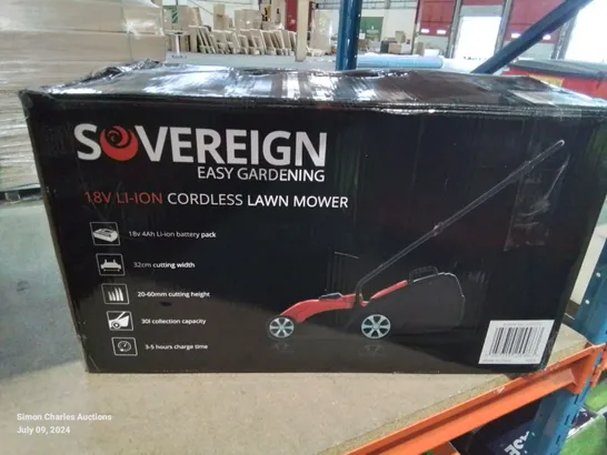 BOXED SOVEREIGN EASY GARDENING 18V LI-ION CORDLESS LAWN MOWER 32CM CUTTING WIDTH 3-5 HRS CHARGE TIME